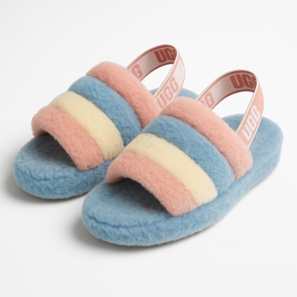 UGG Fluff Yeah Slide Rainbow Shearling Sandals Pastel Cozycore Size 9